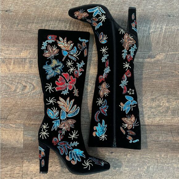 Jeffrey Campbell Shoes - New Jeffery Campbell Black Velvet Knee High Boots Multicolor Beads Size 7.5